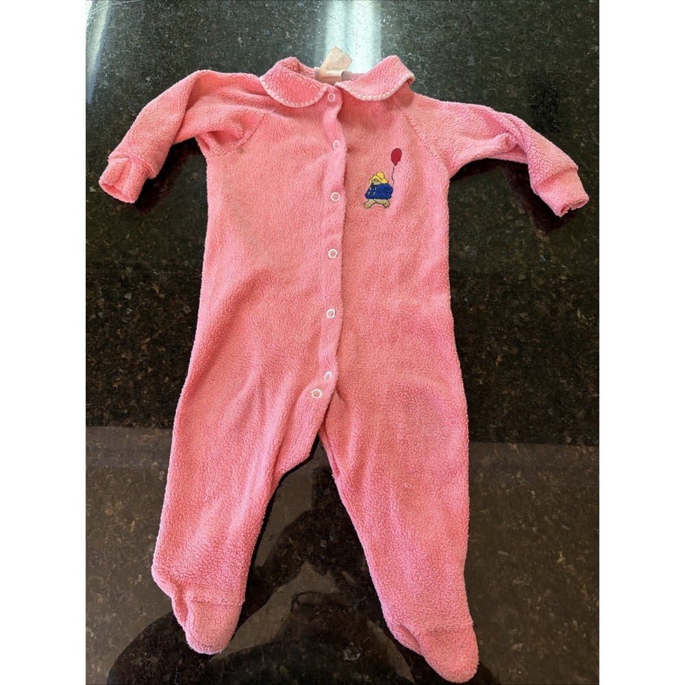 Vintage Paddington One Piece Footed Pajama Terry Cloth Girls Pink Pajamas Sz 12m